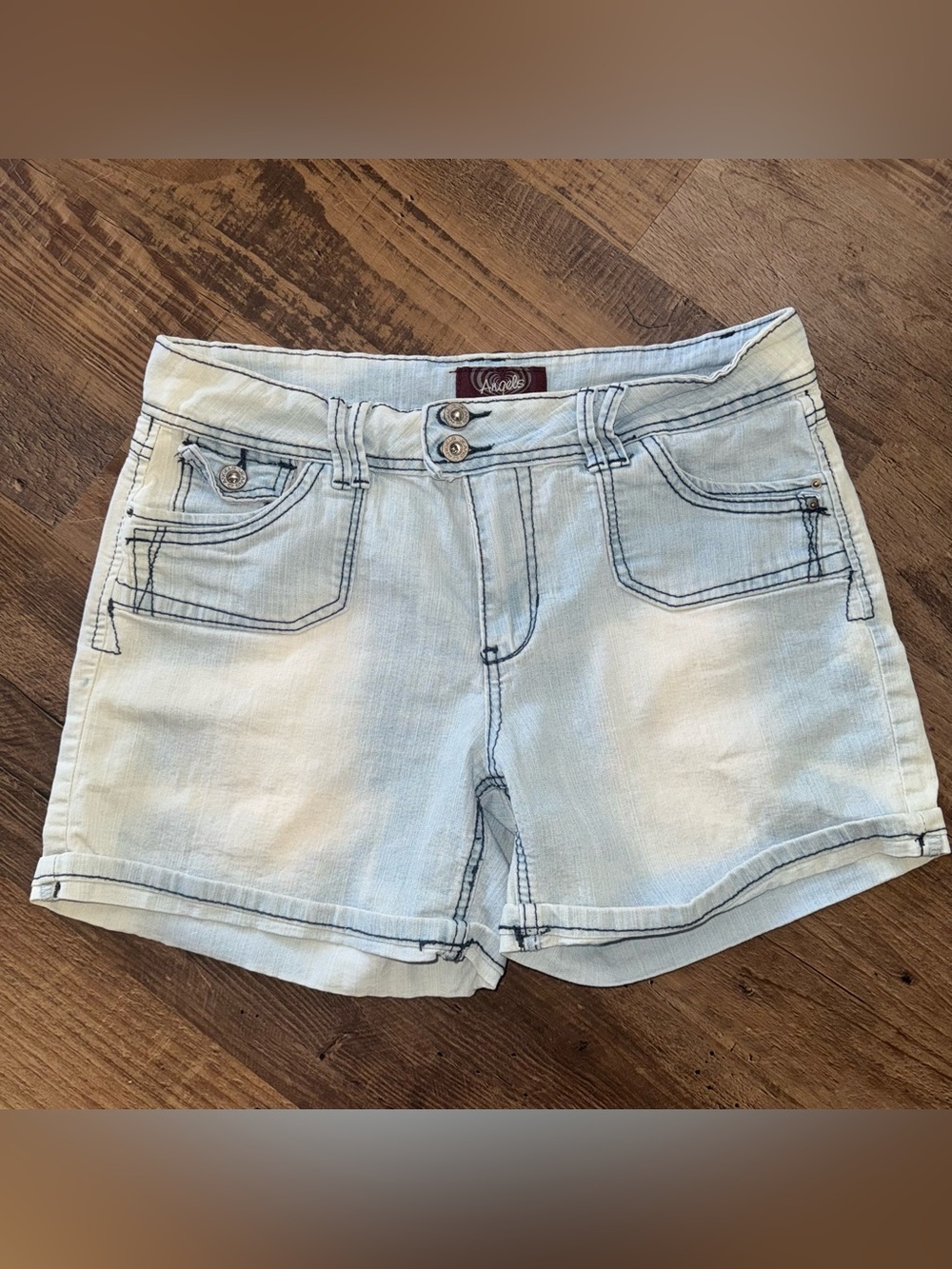 Angels Light Wash Denim Shorts Size 10 Y2K Button Stretch 32 Waist Mid Rise Jean